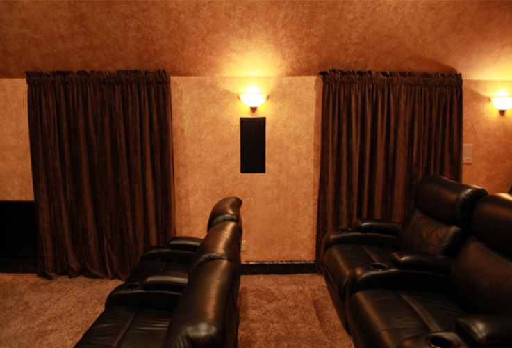 Theatre lighting and drapes in media room