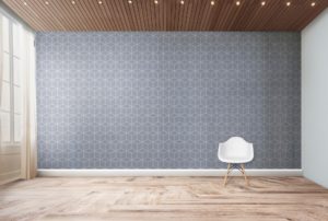 Patterned wallpaper next to sheer window treatments in Dallas