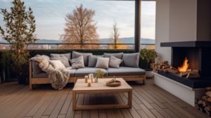 Cozy sofa next to warm fireplace