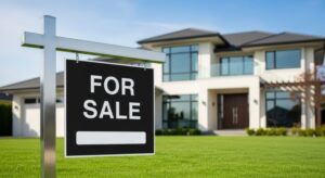 House with “for sale” sign in front 
