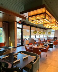 Beautiful restaurant interior with custom window treatments