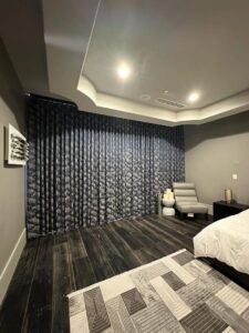 Blackout draperies in bedroom with modern decor