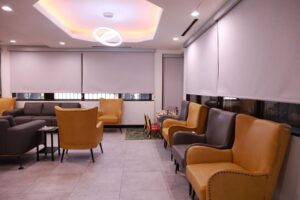 Custom window treatments in office waiting room