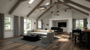 Farmhouse style living room with elegant curtains