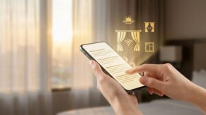 Woman using smartphone to open motorized drapes